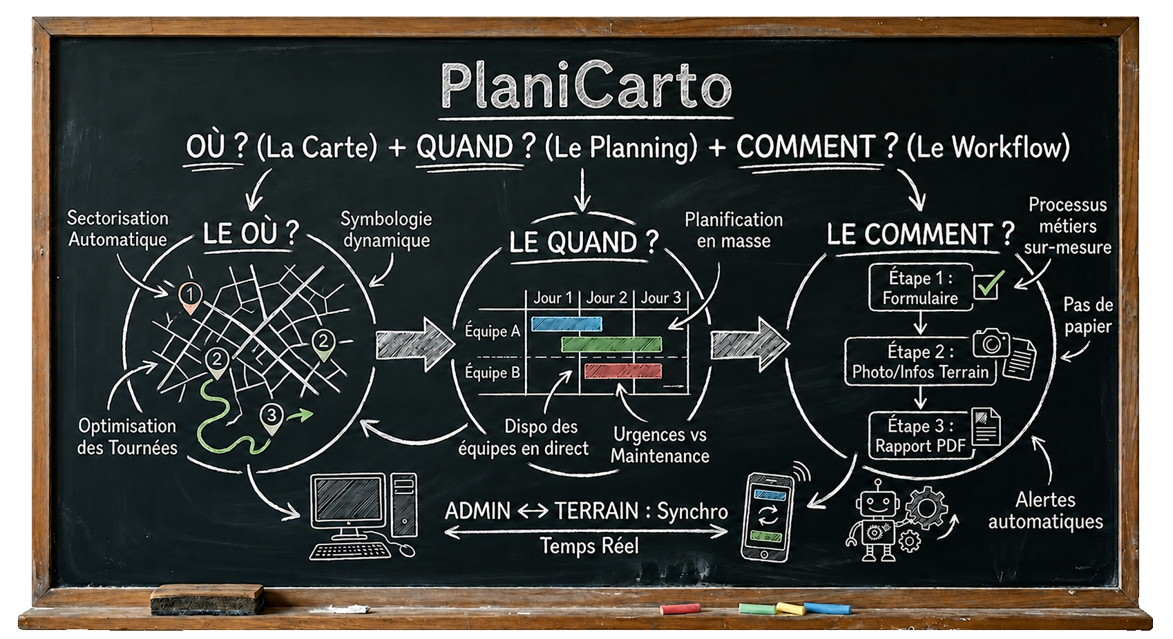 Schéma PlaniCarto : Où (la carte), Quand (le planning), Comment (le workflow) — synchronisation Admin et Terrain en temps réel